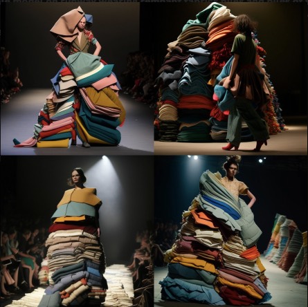 female model wearing stacks of fabric 
